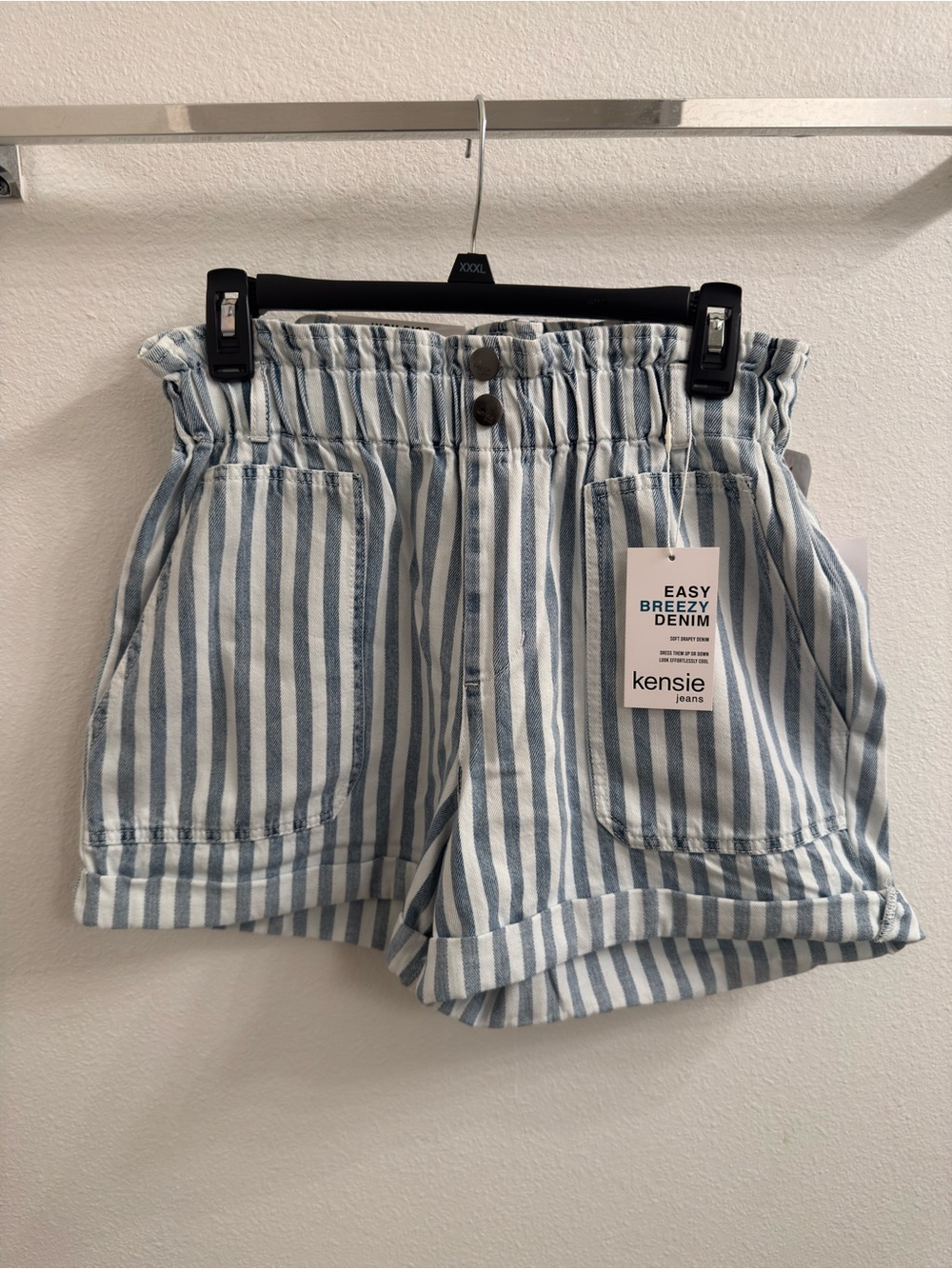 Kensie Blue and White Striped Paperbag High Waist Shorts